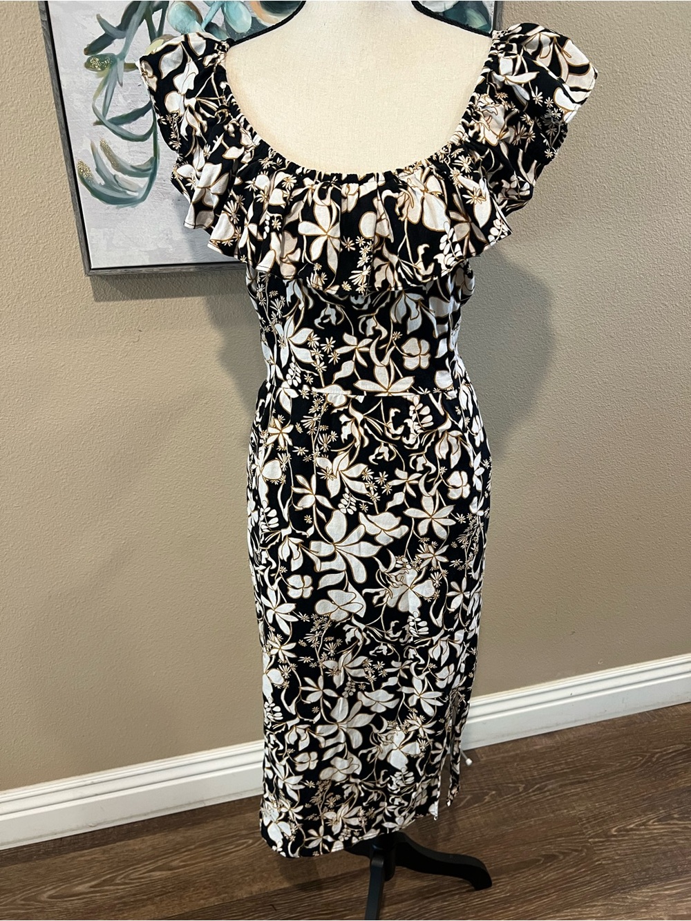 Ava & Viv Black Floral Ruffle-Trim Midi Dress